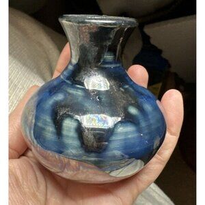 Small Bud Vase Art Pottery Metallic Blues Glazed Handmade 3.25”